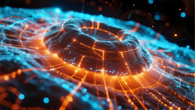 Digital network visualization with glowing orange circuitry on a futuristic terrain