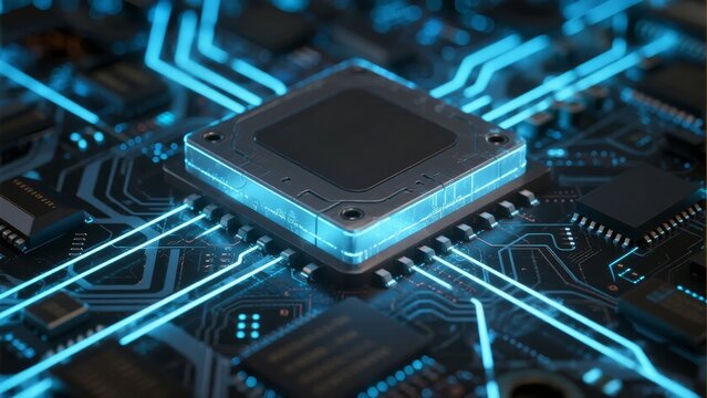 Close-up of a microchip on a circuit board with glowing blue pathways - Powered by Adobe
