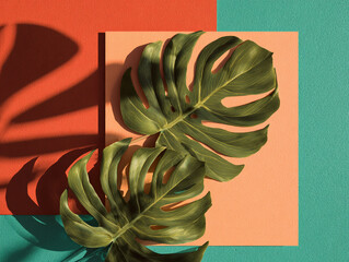 Realistic photography painted palm leaves pastel layered papers crisp shadows