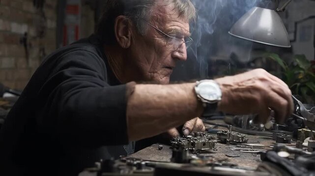 Skilled technician aligning diecast pieces for assembly preparing parts for joining by welding bolting or riveting in a controlled workshop environment