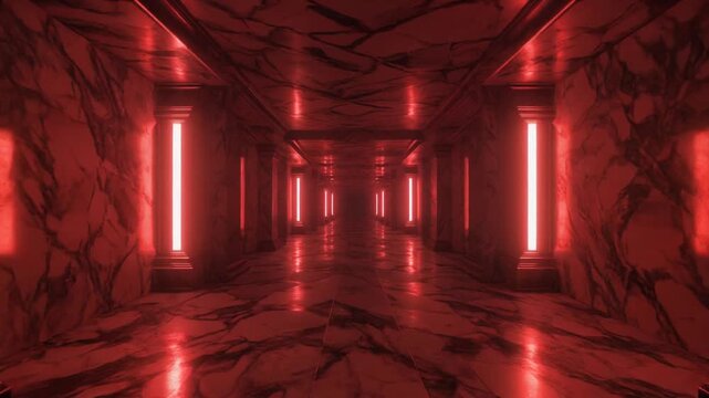 A snow white marble corridor with red reflections sliding along the walls