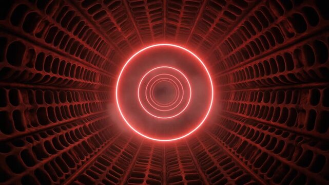 Red smoke rings spiraling through a cathedral of bones