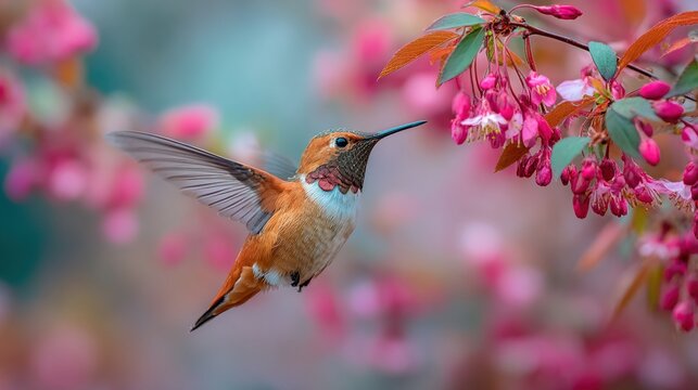 regress. A hummingbird in motion among vibrant flowers, wings blurred against a soft background. wildlife magazines, conservation campaigns, designed for wildlife conservation campaigns.