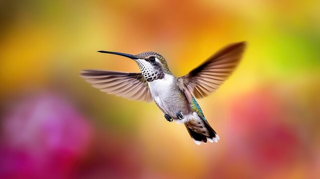 regress. A hummingbird in motion among vibrant flowers, wings blurred against a soft background. wildlife magazines, conservation campaigns, designed for wildlife conservation campaigns.