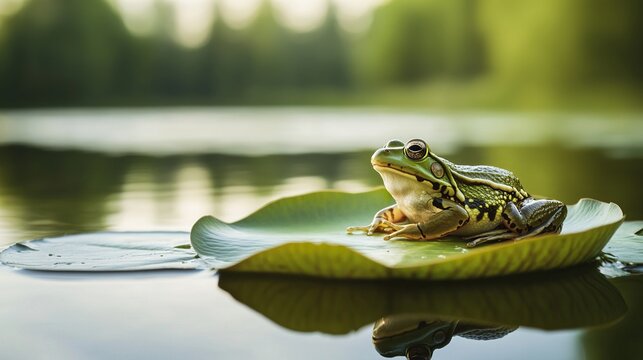 supine. A frog basking on a lily pad floating on a calm sunlit lake. wildlife magazines, conservation campaigns, designed for eco-tourism storytelling, supports conservation.