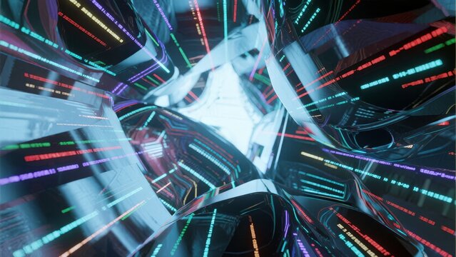 Futuristic digital tunnel with glowing data streams and neon lights