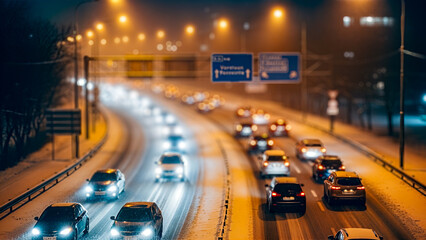 Highway traffic scene at night with illuminated vehicles and snow-covered roads, showcasing a busy traffic jam under streetlights and directional signs, creating a dynamic urban atmosphere