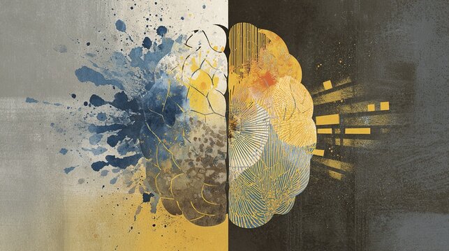 hemisphere. Abstract brain illustration with artistic splashes and geometric patterns, symbolizing creativity and logic. wellbeing guides.