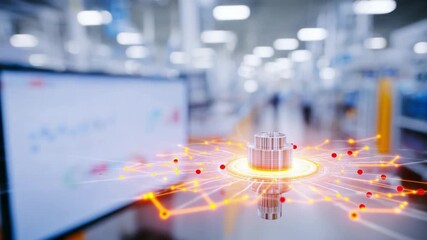 Innovation Hub: A cutting-edge industrial environment, featuring a central cluster of technological components radiating energy towards digital interfaces.