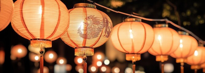 Golden dragon and phoenix lanterns illuminate the night during a festival celebration in a vibrant setting