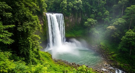 Fototapeta premium Majestic Waterfall Cascading Through Lush Green Forest Landscape.