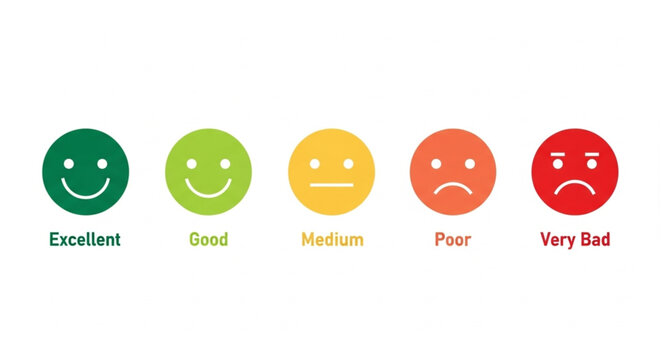 Customer feedback rating scale with smiley faces representing satisfaction levels from excellent to very bad