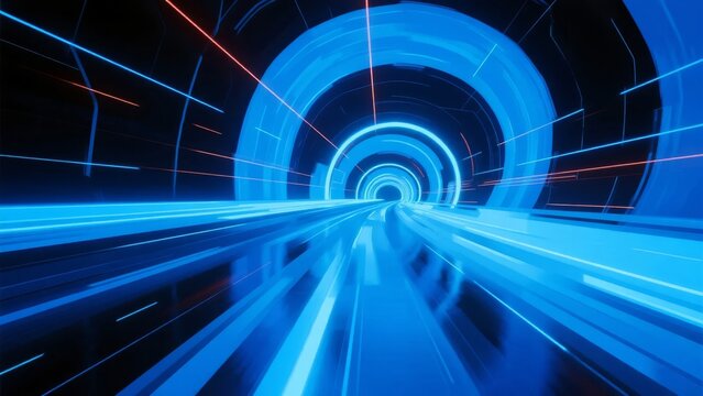 Abstract blue neon tunnel with light streaks and futuristic design