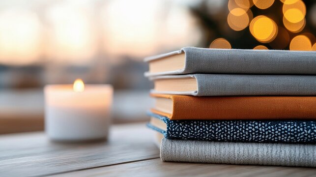 A stack of books and a lit candle sit on a wooden table, with blurred bokeh lights in the background, creating a cozy and warm atmosphere.