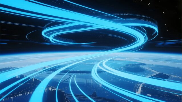 Abstract digital landscape with glowing blue light trails and futuristic cityscape