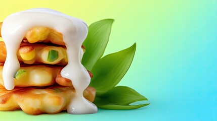 A stack of waffles topped with white cream and a green leaf against a vibrant gradient background.