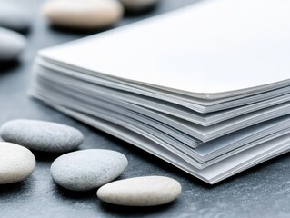 Close-up of a stack of blank white paper with smooth pebbles scattered around on a dark gray surface. The image has a minimalist and zen-like aesthetic.
