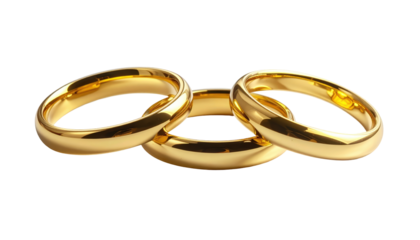 Three interconnected golden rings, smoothly polished, overlapping each other in the center against a black background