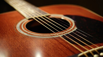 Fototapeta premium chords. Acoustic guitar centered on a neutral backdrop, highlighting its warm wood tones and simple elegance. tutorial guides, club newsletters, designed for tourism and weekend activity guides.