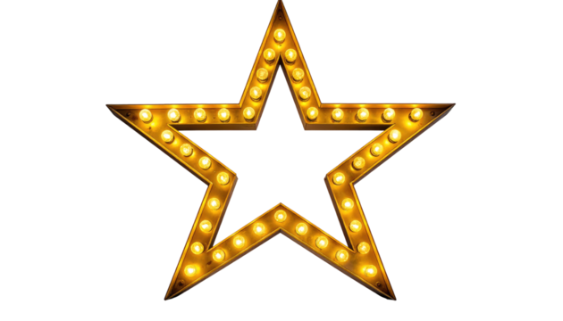Illuminated golden star shape with glowing lights arranged along its borders against a solid black background - Powered by Adobe