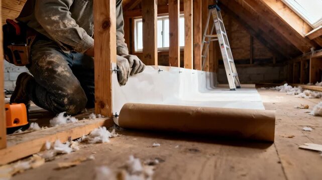 Contractor installing kraftpaper vapor barrier between wooden studs to control moisture levels in attic renovation project.