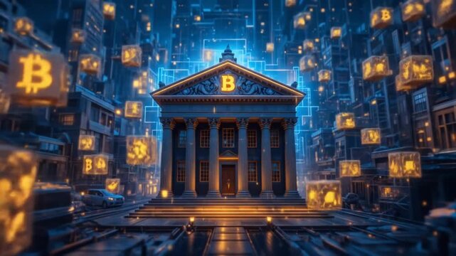 A digital bank building connected by glowing blockchain cubes. Representing financial technology, FinTech, and secure, modern network services. 4k video