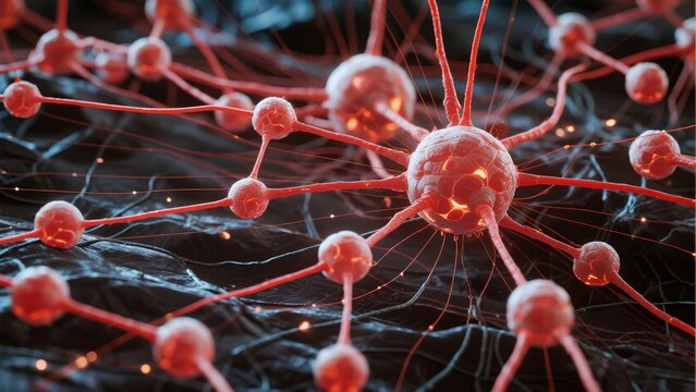 Neural network visualization showing interconnected neurons with glowing synapses in a biological system