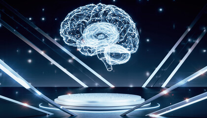 A futuristic digital brain concept is displayed on a stage, showcasing technology and innovation with glowing lights and a modern aesthetic.