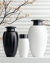 Three modern vases in black and white with a decorative branch against a minimalist background.