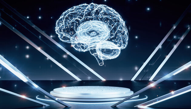 A futuristic digital brain concept is displayed on a stage, showcasing technology and innovation with glowing lights and a modern aesthetic.
