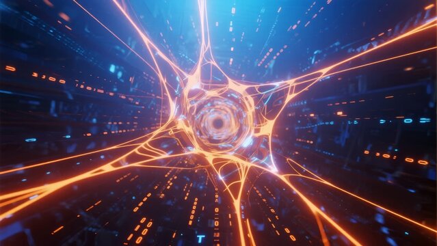 Digital tunnel with glowing orange lines and futuristic network patterns in a cyber space environment