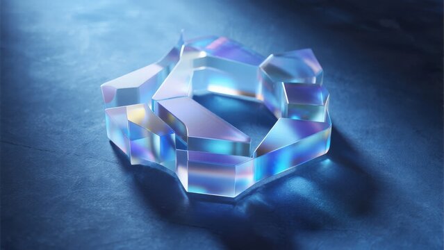 A translucent geometric crystal structure with iridescent reflections on a dark surface