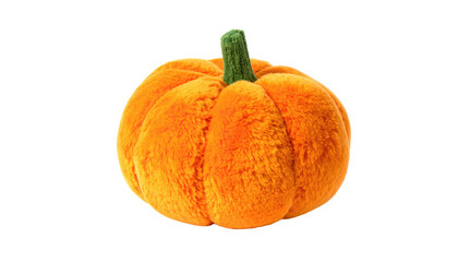 Obraz premium Fuzzy orange pumpkin with a green stem, centered on a black background, harvest and autumn vibes