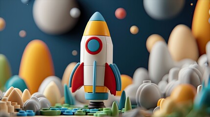 A colorful illustration of a toy rocket standing in a whimsical, abstract landscape with various shapes and colors.