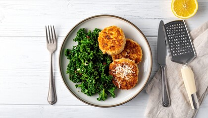 Fish cakes with greens, top-down view