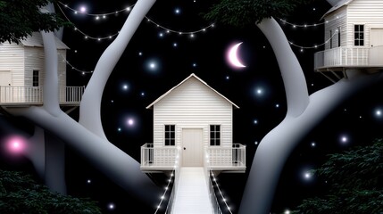 A whimsical illustration of white tree houses connected by bridges, illuminated with fairy lights against a night sky.