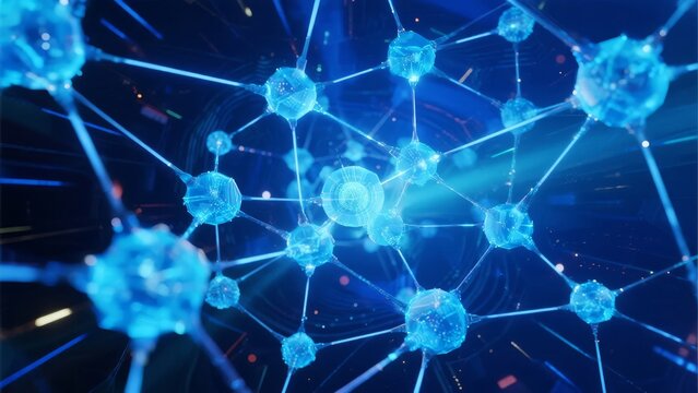 Abstract network of glowing blue nodes connected by lines, resembling a molecular or digital structure in a dark space.