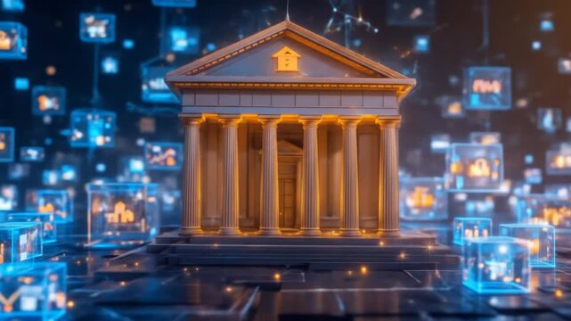 A digital bank building connected by glowing blockchain cubes. Representing financial technology, FinTech, and secure, modern network services. 4k video