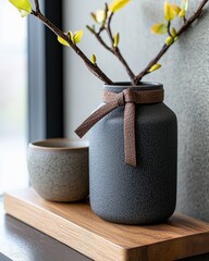 A decorative vase with branches and a cup on a wooden tray, indoors, with natural light.