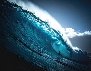 Majestic teal wave, lone figure surfing