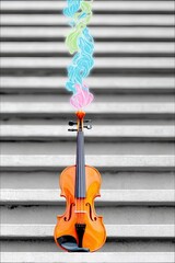 A violin with colorful abstract smoke rising above it, set against a backdrop of concrete steps. The image evokes a sense of creativity and artistic expression.