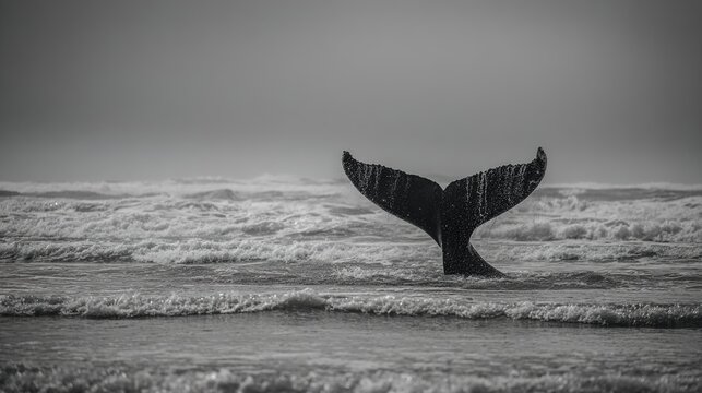 motherliness. Beached whale with tail fin splashing in shallow water under overcast sky. wildlife magazines, conservation campaigns, designed for eco-tourism storytelling.