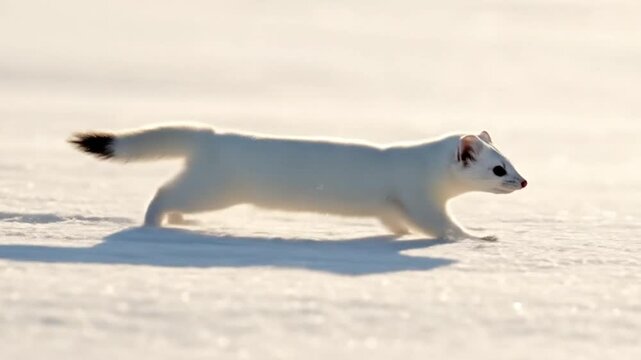 A graceful stoat dashes across a sun-drenched snowy plain, swift and agile