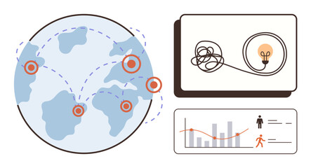 Obraz premium Globe with interconnected points, tangled thread with lightbulb for ideas, and data charts. Ideal for innovation, global connectivity, analytics, collaboration, creativity insights solution. Simple