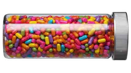 Glass jar filled with colorful candy capsules and sprinkle sweets mix, representing childhood treats and sugary delights on transparent background