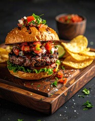 Delicious burger with chips on board