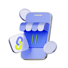3D icon of a mobile shop with a link chain and floating coins For affiliate marketing, referral link, earning money, and social sharing.