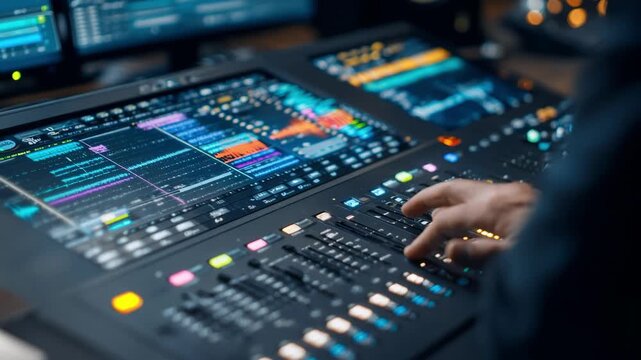 Medium shot of digital audio technician operating a sleek digital console highlighting advanced waveform editing and precise sound layering for crystalclear recording quality.