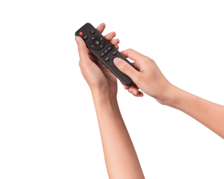 Hand holding remote control isolated on isolated on transparent PNG.