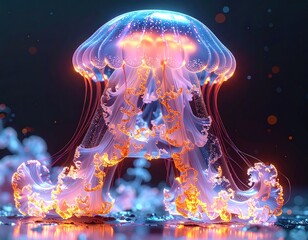 Bioluminescent jellyfish, dark backdrop